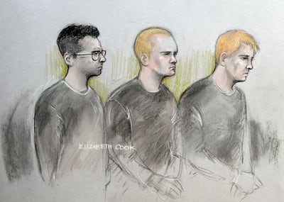 A court artist sketch of Mikko Vehvilainen, centre, appearing at Westminster Magistrates' Court. Alamy