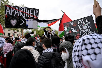 Participants rally as they gather on 'Day of the Naqba' at Heumarkt in Cologne, Germany. By painting Israel as an apartheid state, one fails to recognise that there are all sorts of shades of opinion in that country. EPA