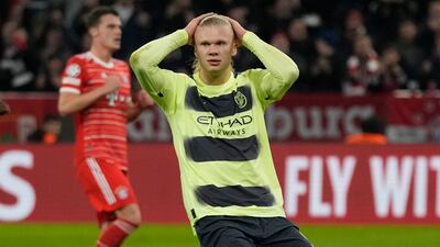 Manchester City's Erling Haaland reacts after missing a penalty. AP