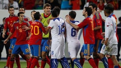 Spain and Chile players argued at the end of their international friendly match against on Friday night. Spain won 3-2.