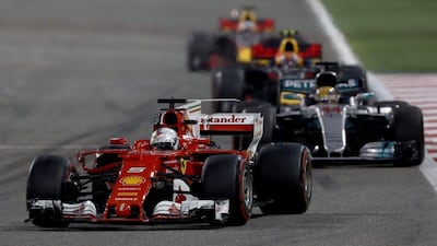 Sebastian Vettel leads Lewis Hamilton during the Bahrain Formula One Grand Prix at Bahrain International Circuit on April 16, 2017. Lars Baron / Getty Images