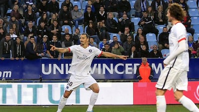Paris Saint-Germain's Zlatan Ibrahimovic celebrates one of his two goals in his team's Ligue 1 win over Bastia on Saturday. Pascal Pochard-Casabianca / AFP / October 17, 2015