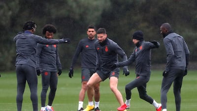 Chelsea's Olivier Giroud in training ahead of their Champions League match with Bayern Munich at Stamford Bridge on Tuesday. Reuters