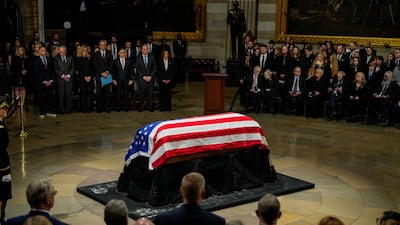 Former US president Jimmy Carter's coffin under the rotunda of the US Capitol, where he will lie in state until his funeral on Thursday. EPA