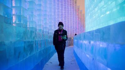 A visitor walks through ice sculptures. AFP