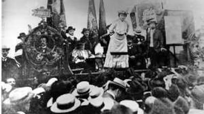 Rosa Luxemburg addresses her comrades at a meeting of the Social Democrats in Stuttgart, Germany, in 1907.