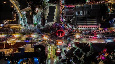 An aerial photograph shows floats decorated for Christmas during the Coca-Cola Parade in Acapulco, Mexico. EPA