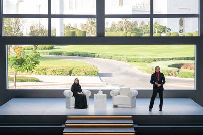 Mr Jung at the majlis with Taif Al Amiri, Government communication director at the Ministry of Industry and Advanced Technologies, on his right. Mr Jung said the world had become very good at working out smaller solutions and this represented a huge opportunity for countries such as the UAE. Rashed Al Mansoori / Ministry of Presidential Affairs