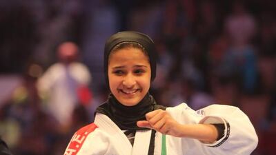 Asma Al Hosani of the UAE reacts after defeating Fatima Al Marar of the UAE in the Abu Dhabi World Youth Jiu-Jitsu Championship 2016. Ravindranath / The National