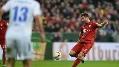 Xabi Alonso lets rip with the shot that sent Bayern Munich through to the quarter-finals of the German Cup. Andreas Gerbert / EPA