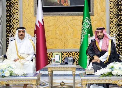 Sheikh Tamim, Emir of Qatar, with Saudi Crown Prince Mohammed bin Salman before the meeting. Reuters