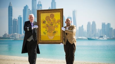 The Sunflowers, the first of the limited edition Van Gogh Relievo Exhibition reproductions arriving at Fairmont, The Palm today under tight security. (Courtesy: Fairmont, The Palm)