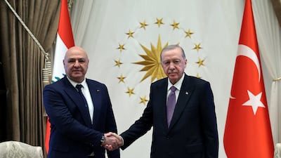 President Tayyip Erdogan, right, said Turkey wanted to support Lebanon's sovereignty after his meeting with President Joseph Aoun, left, in Ankara. Reuters