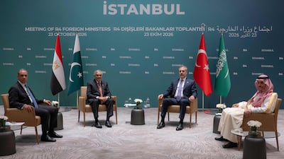 From left, Egyptian Foreign Minister Badr Abdelatty, Pakistan's Foreign Minister Ishaq Dar, Turkey's Foreign Minister Hakan Fidan and Saudi Foreign Minister Prince Faisal bin Farhan. AFP