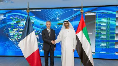 Adnoc chief executive Dr Sultan Al Jaber meets Bruno Le Maire, France's Minister of Economy and Finance, at Adnoc's headquarters in Abu Dhabi ahead of the World Government Summit. Adnoc via Twitter