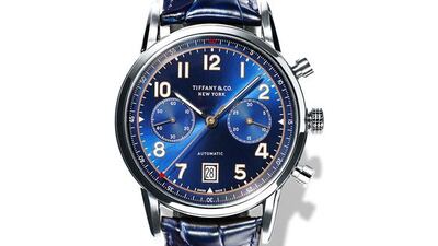 Tiffany CT60 Chronograph in stainless steel, with a self-winding mechanical movement and a blue soleil dial on a blue alligator strap. Courtesy Tiffany & Co.