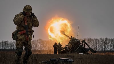 Ukrainian soldiers fire a Pion artillery system at Russian positions near Bakhmut in the Donetsk region of Ukraine. AP