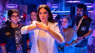 From left: Belissa Escobedo as Milagro Reyes, Elpidia Carrillo as Rocio Reyes, Bruna Marquezine as Jenny Kord, Adriana Barraza as Nana and George Lopez as Uncle Rudy