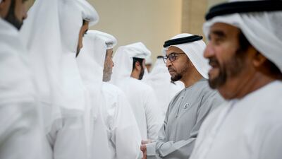 Sheikh Hamdan bin Zayed, Ruler’s Representative of Al Dhafra Region, receives mourners at Al Mushrif Palace.