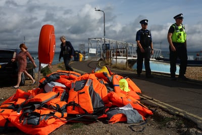 Lifejackets discarded by migrants after they landed in Portsmouth. Reuters