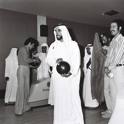 Sheikh Zayed inspects the expansion of Tourist Club in 1975. Third from left is Sheikh Mohamed bin Zayed, now Crown Prince of Abu Dhabi and Deputy Supreme Commander of the Armed Forces. Photo: Al-Ittihad