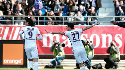 PSG’s Javier Pastore, right, celebrates after scoring during his Ligue 1 match against Troyes, in Troyes, France, Sunday, March 13, 2016. (AP Photo/Thibault Camus)