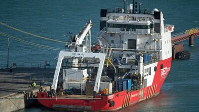 The Geo Ocean III specialist search vessel docked in Portland, England. PA via AP
