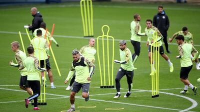 The Manchester City squad training ahead of their Champions League clash against Dinamo Zagreb on Tuesday. Reuters
