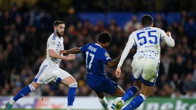 Raheem Sterling scores for Chelsea. Getty
