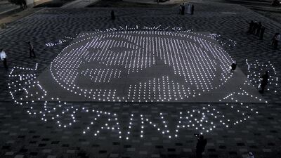 A 20 metre squared light installation, comprised of 2,000 solar lanterns, arranged to reveal the Zayed Sustainability Prize logo. All photos by Reem Mohammed / The National