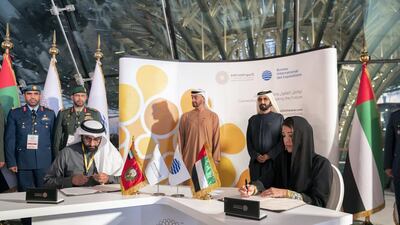 Sheikh Mohammed bin Rashid and Sheikh Mohamed bin Zayed witness an agreement signing ceremony between Reem Al Hashimi and Mohammed Al Bowardi, at Expo 2020 Dubai site. Mohamed Al Hammadi / Ministry of Presidential Affairs