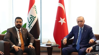 Iraq's Prime Minister Ali Al Zaidi, left, and Turkish President Recep Tayyip Erdogan meeting on the sidelines of the UN General Assembly in New York. AFP