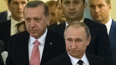 Russian president Vladimir Putin with his Turkish counterpart, Recep Tayyip Erdogan, in Russia. Moscow and Ankara have signed a new missile deal. Alexander Zemlianichenko/ AP Photo