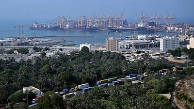 Lorries wait to enter the major container terminal at Khor Fakkan in Sharjah. AFP