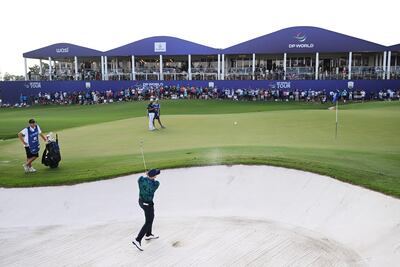 Matt Wallace plays his third shot from the bunker on 18. Had it gone in then he would have carded a 59. Getty Images