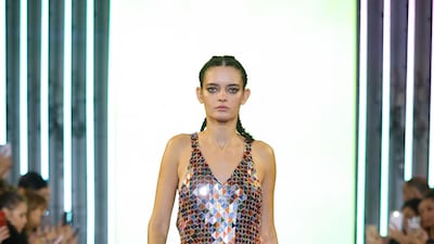 Metallic salopette dress featuring coloured laser-cut Plexi mirrors