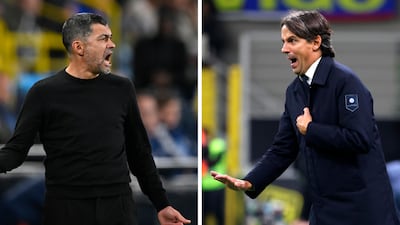 AC Milan manager Sergio Conceicao, left, and Inter Milan coach Simone Inzaghi. Photo: EPA