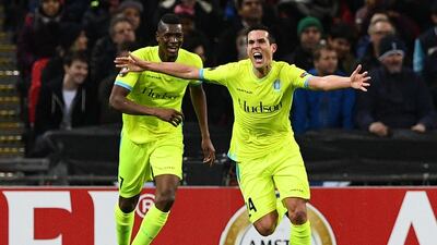 Gent striker Jeremy Perbet celebrates scoring a Europa League goal against Tottenham on February 23, 2017. Justin Tallis / AFP