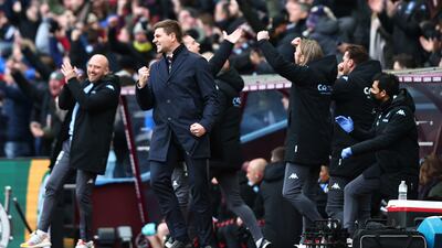 Manager Steven Gerrard celebrates after Villa's Danny Ings made it 4-0 against Southampton. Getty