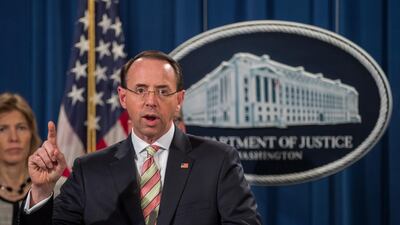 US Deputy Attorney General Rod Rosenstein announces the indictment of two Iranians in the SamSam Ransomware attack. EPA