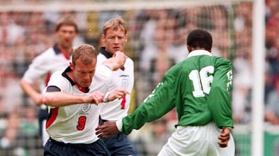 Khamis Al-Owairan stops a run on goal from England's Alan Shearer during their friendly International at Wembley Stadium in May 1998. PA