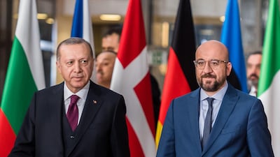 Recep Tayyip Erdogan, Turkey's president, and Charles Michel, president of the EU in Brussels on March 9. Bloomberg