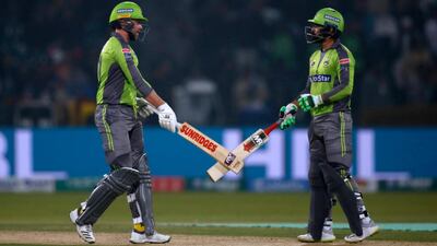 Lahore Qalandars batsmen Mohammad Hafeez, right, and Ben Dunk during the match against Quetta Gladiators. AP Photo