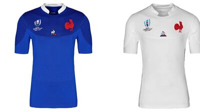 13: France – This is a classic example of too many cockerels spoiling a good jersey. France has turned to Le Coq Sportif, a native kit supplier, for the 2019 shirt and in the process has revamped its logo to very proud red rooster. The colour scheme, a navy blue shoulder/chest line on top of a royal blue body, is nice. It's just unfortunate that there is two cockerels on the kit. Image via rugbyworldcup.com