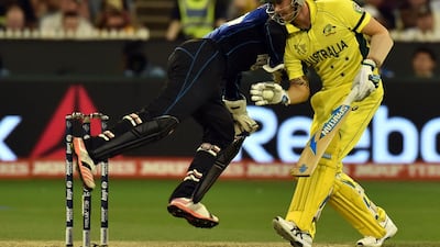Australia captain Michael Clarke, right, hit 74 in the seven-wicket win over New Zealand in the 2015 World Cup final at the Melbourne Cricket Ground. AFP