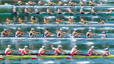 The teams of, from top, China, Australia, Germany, Romania, the United States and Poland compete in the men's eight preliminary race at the World Rowing Cup on the Rotsee in Lucerne, Switzerland. EPA