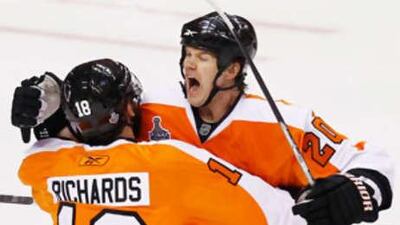 Chris Pronger, above celebrating with Philadelphia teammate Mike Richards during Friday's Game 4 of the Stanley Cup final, has been a key man for the Flyers in them fighting back to 2-2 with Chicago.