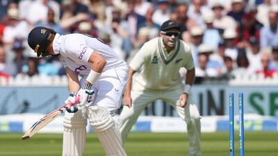Ollie Pope is bowled by New Zealand's Trent Boult. AFP