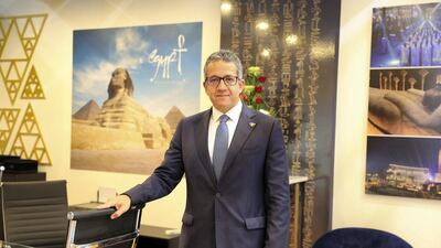 Khaled El-Enany, Egypt's Minister of Tourism and Antiquities, at the Arabian Travel Market held at Dubai World Trade Centre on May 16, 2021. Pawan Singh / The National.