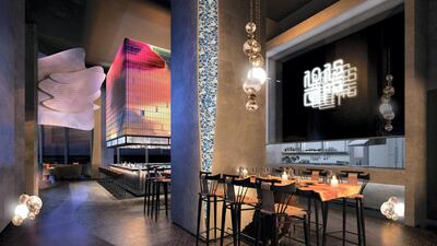 A rendering of a kitchen and dining area at the new Akira Back restaurant in Dubai